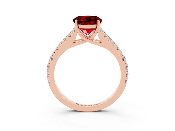 Rose gold Round Cut Ruby Split Shank Pavé Engagement Ring with Four-Prong Setting