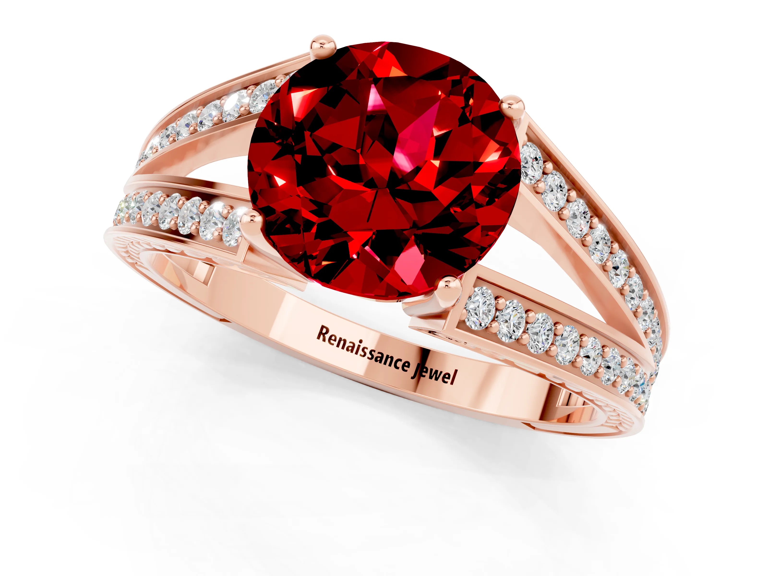 Rose gold Round Cut Ruby Split Shank Ring with Pavé Band and Four-Prong Setting_1