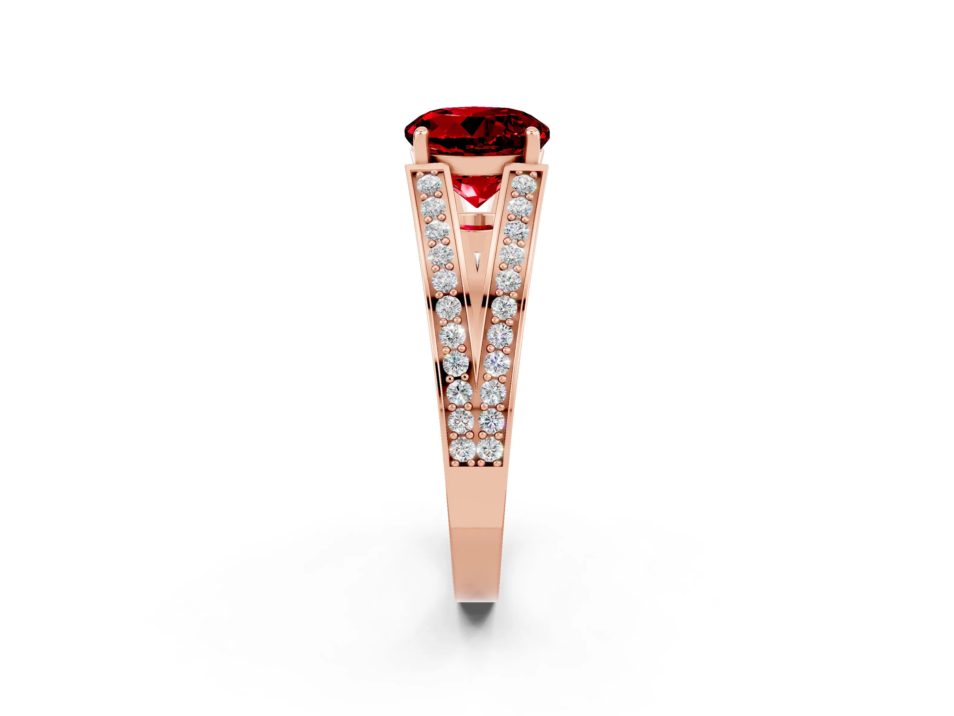 Rose gold Round Cut Ruby Split Shank Ring with Pavé Band and Four-Prong Setting_2