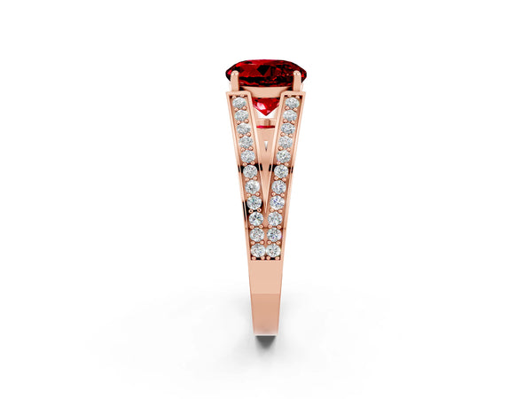 Rose gold Round Cut Ruby Split Shank Ring with Pavé Band and Four-Prong Setting