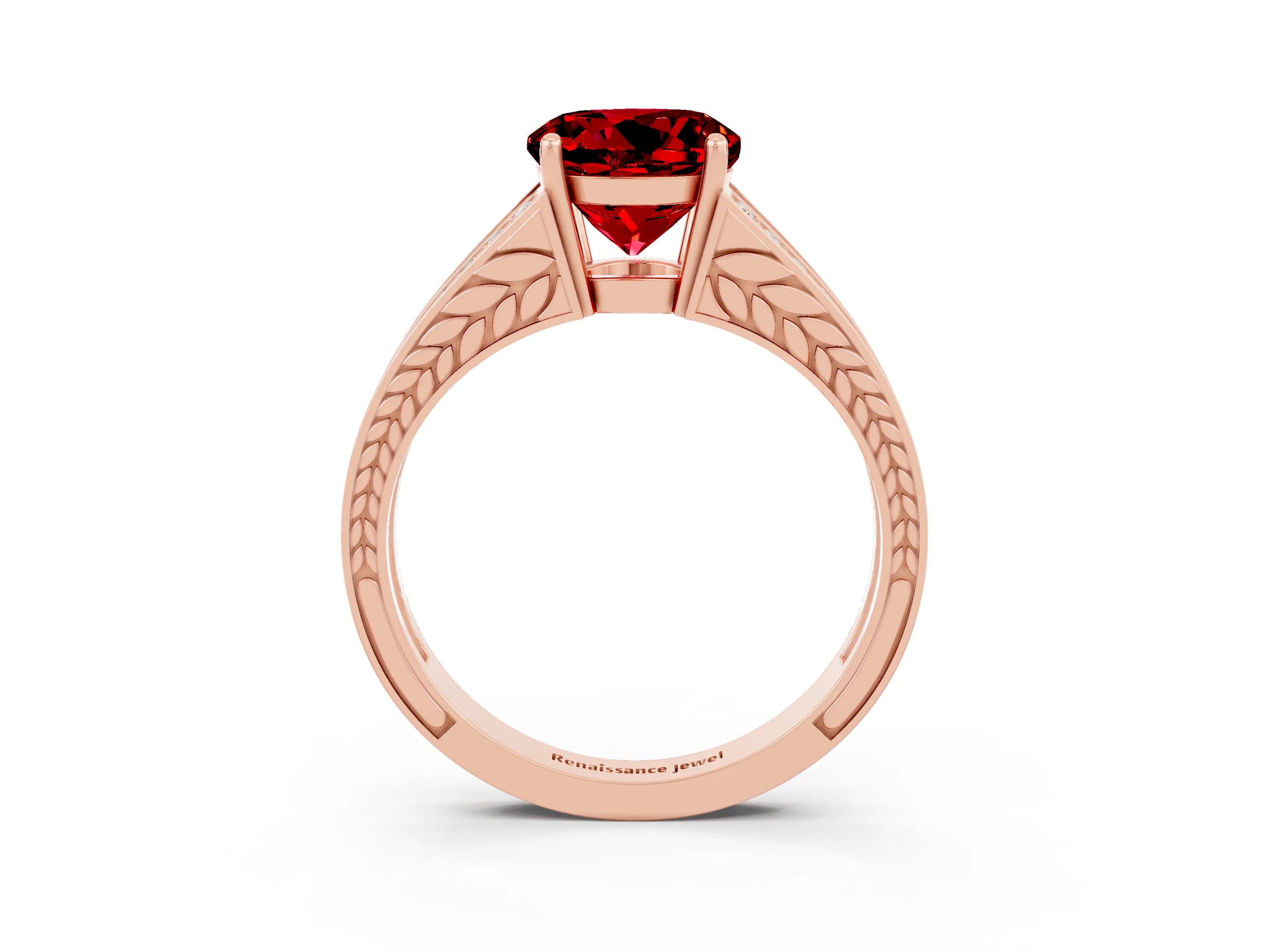Rose gold Round Cut Ruby Split Shank Ring with Pavé Band and Four-Prong Setting_3