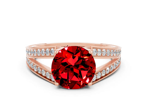 Rose gold Round Cut Ruby Split Shank Ring with Pavé Band and Four-Prong Setting