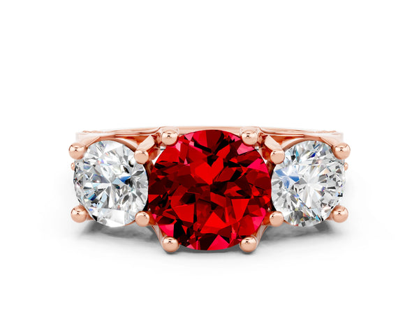Rose gold Round Cut Ruby Three-Stone Ring with Channel Set Band and Four-Prong Setting
