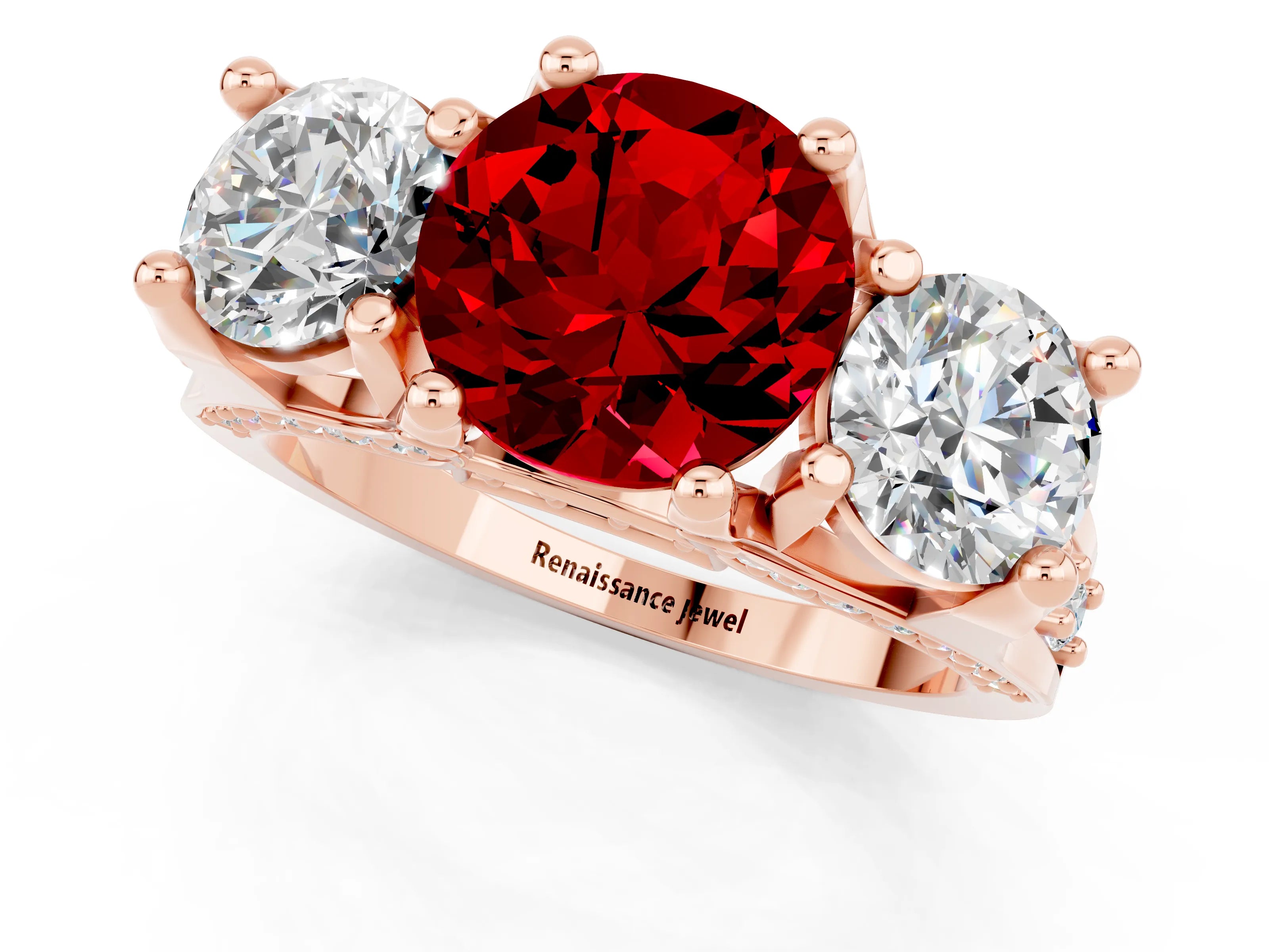 Rose gold Round Cut Ruby Three-Stone Ring with Channel Set Band and Four-Prong Setting_1