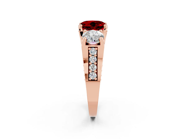 Rose gold Round Cut Ruby Three-Stone Ring with Channel Set Band and Four-Prong Setting