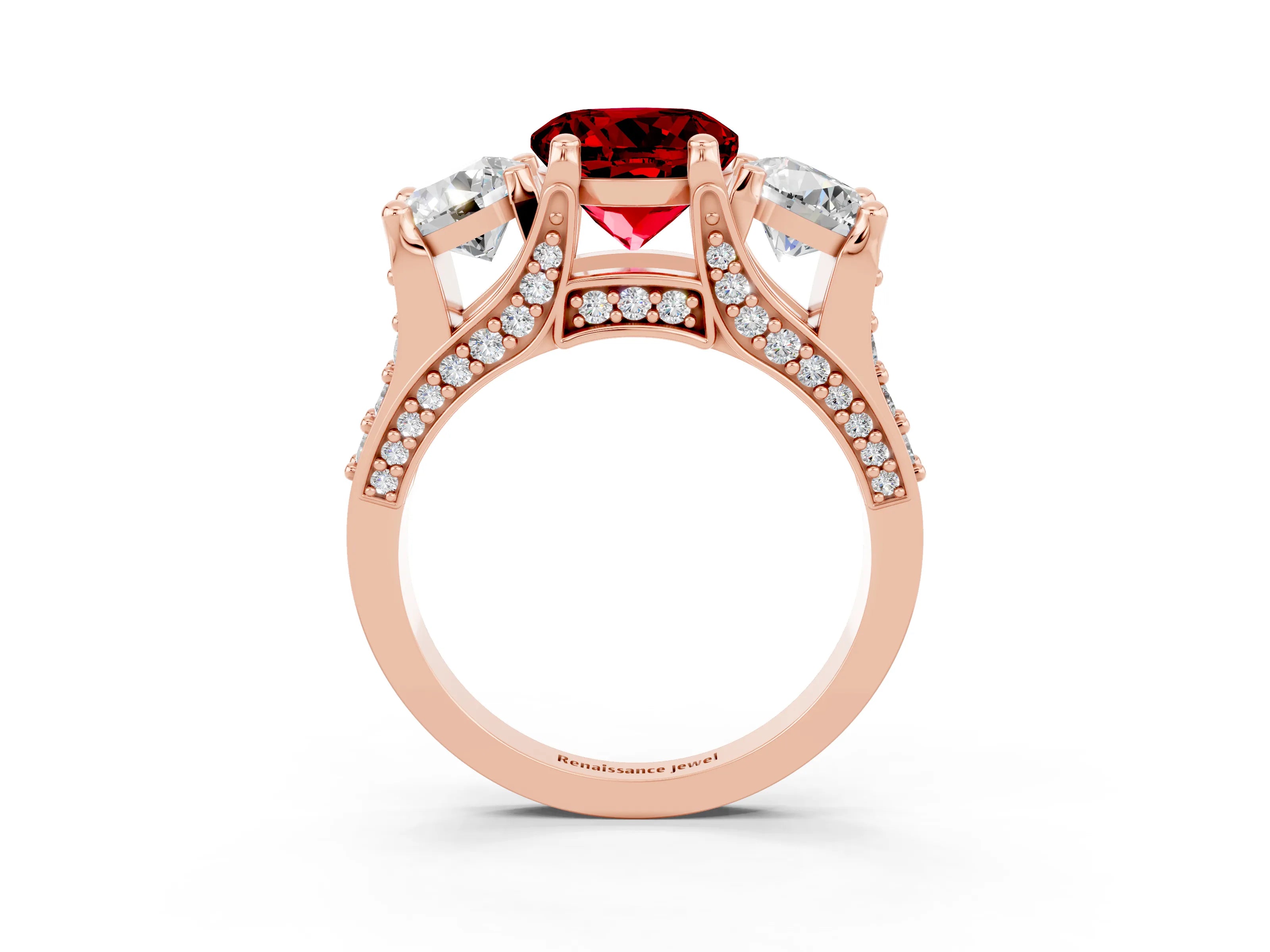 Rose gold Round Cut Ruby Three-Stone Ring with Channel Set Band and Four-Prong Setting_3