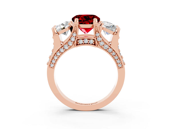 Rose gold Round Cut Ruby Three-Stone Ring with Channel Set Band and Four-Prong Setting
