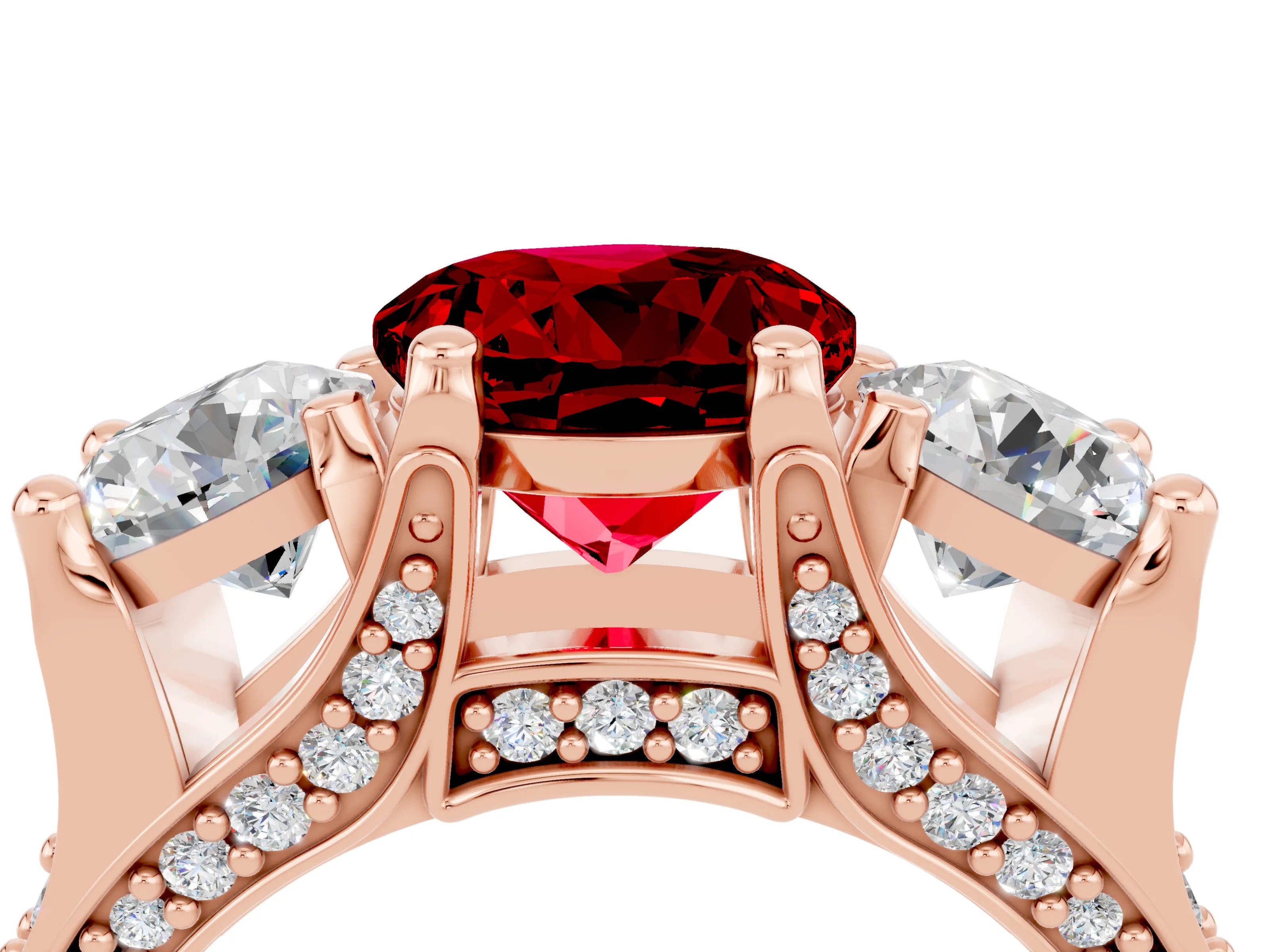 Rose gold Round Cut Ruby Three-Stone Ring with Channel Set Band and Four-Prong Setting_4