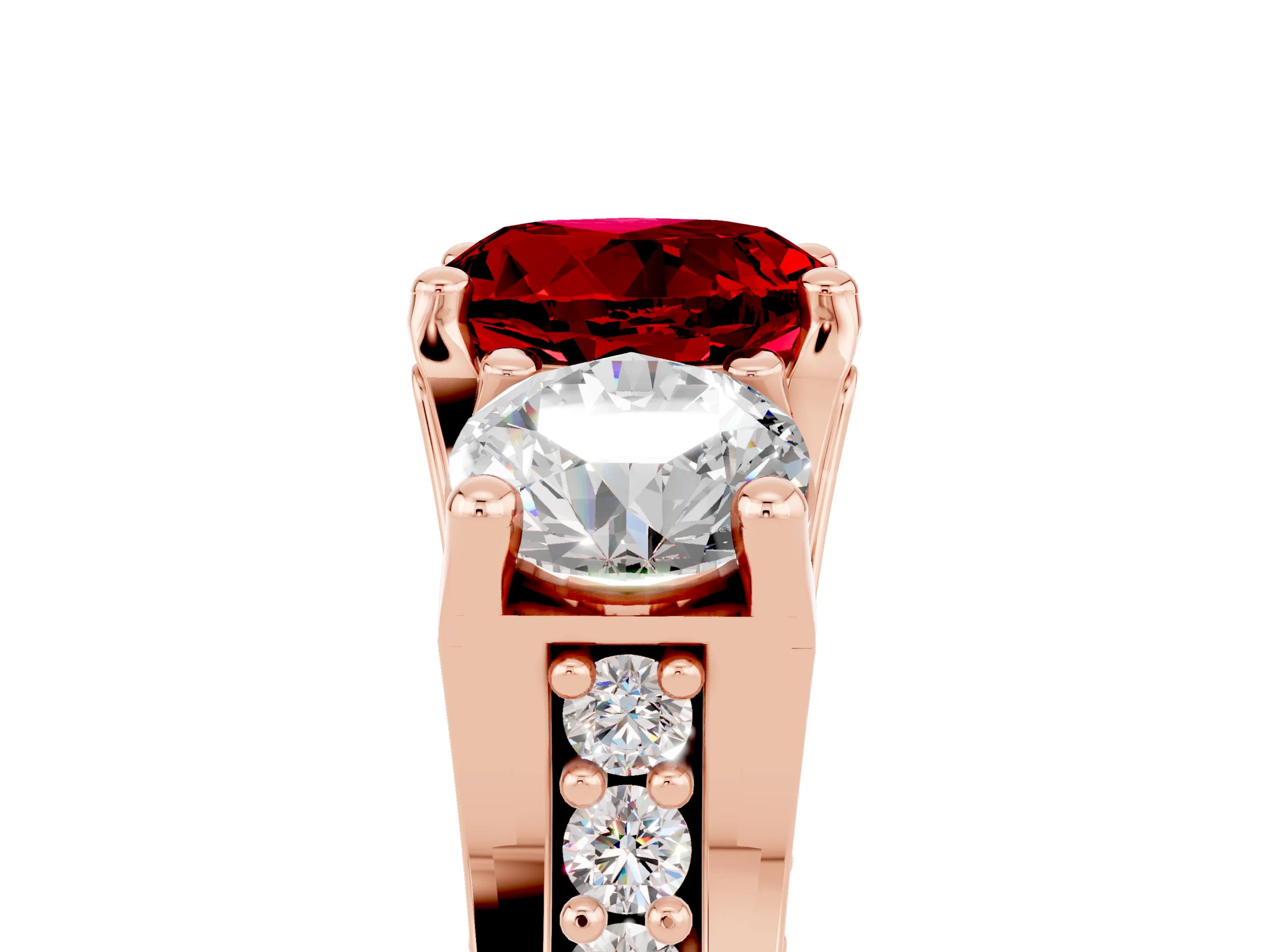 Rose gold Round Cut Ruby Three-Stone Ring with Channel Set Band and Four-Prong Setting_5