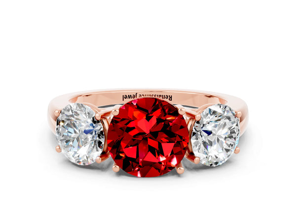 Rose gold Round Cut Ruby Three-Stone Ring with Four-Prong Setting and Classic Band