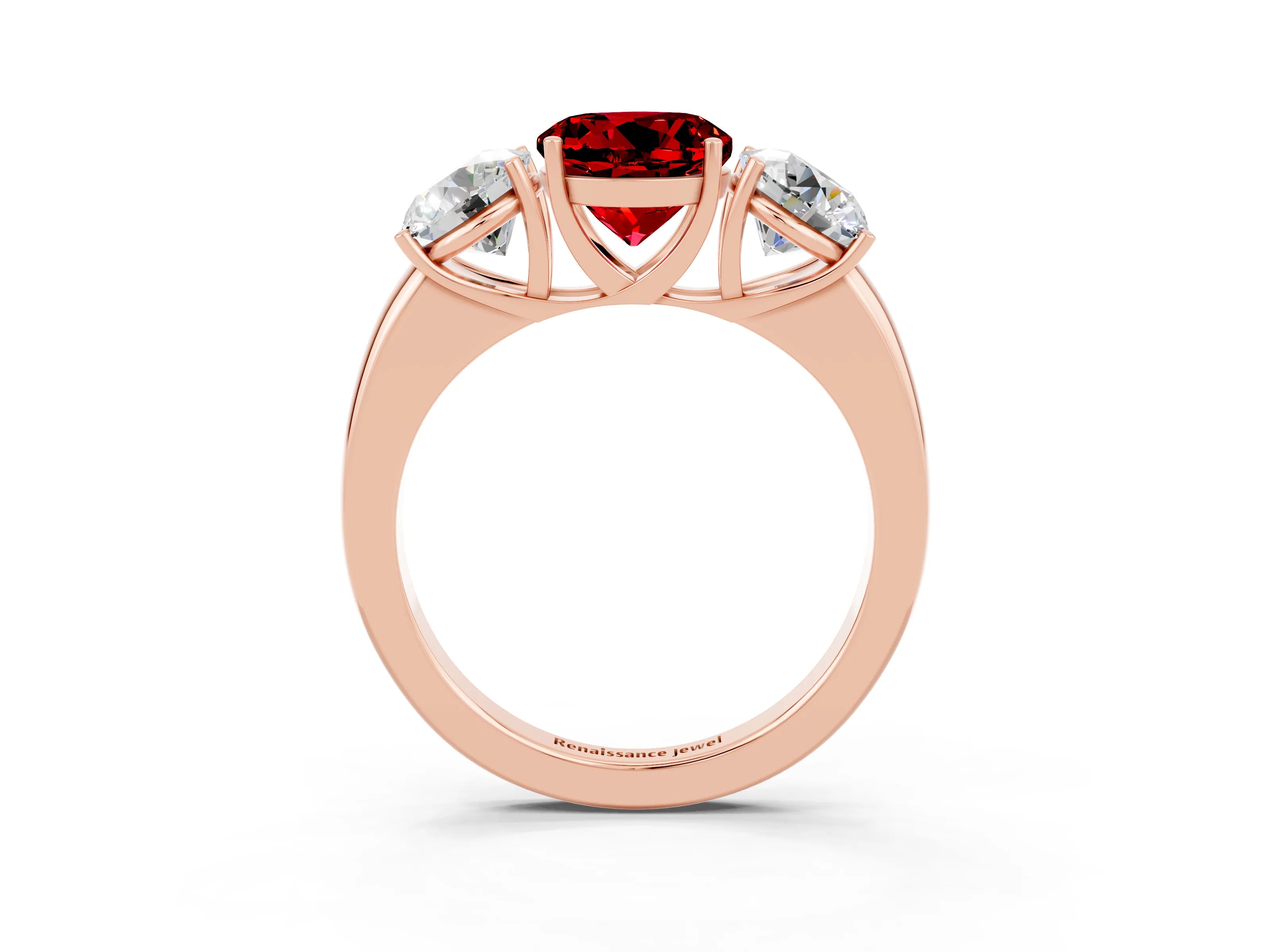 Rose gold Round Cut Ruby Three-Stone Ring with Four-Prong Setting and Classic Band_3