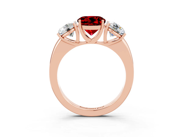 Rose gold Round Cut Ruby Three-Stone Ring with Four-Prong Setting and Classic Band