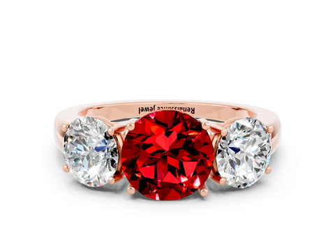 Rose gold Round Cut Ruby Three-Stone Ring with Four-Prong Setting and Classic Band