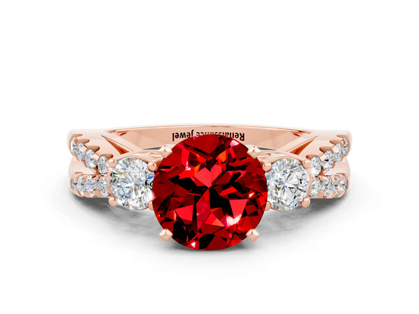 Rose gold Round Cut Ruby Three-Stone Ring with Pavé Split Shank and Four-Prong Setting