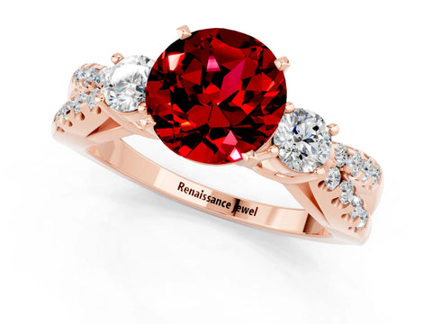 Rose gold Round Cut Ruby Three-Stone Ring with Pavé Split Shank and Four-Prong Setting_1