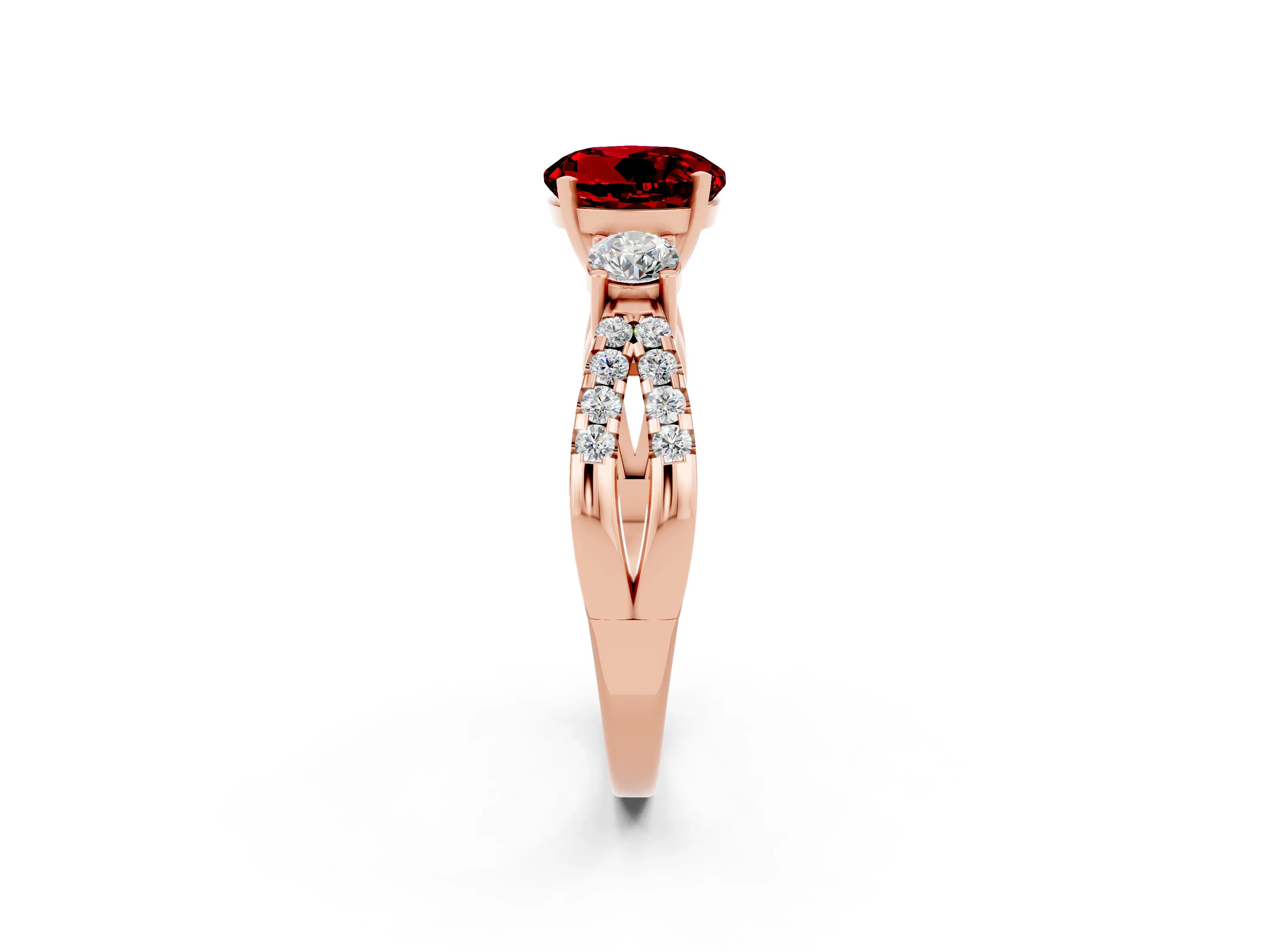 Rose gold Round Cut Ruby Three-Stone Ring with Pavé Split Shank and Four-Prong Setting_2