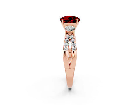 Rose gold Round Cut Ruby Three-Stone Ring with Pavé Split Shank and Four-Prong Setting_2