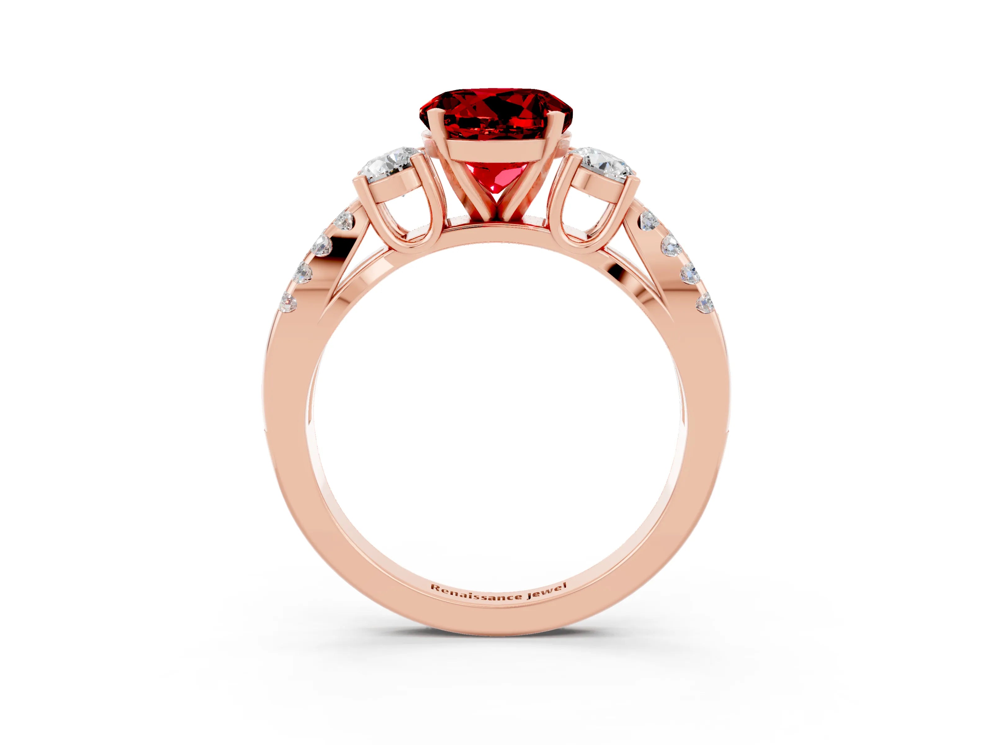 Rose gold Round Cut Ruby Three-Stone Ring with Pavé Split Shank and Four-Prong Setting_3