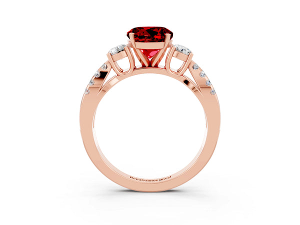 Rose gold Round Cut Ruby Three-Stone Ring with Pavé Split Shank and Four-Prong Setting
