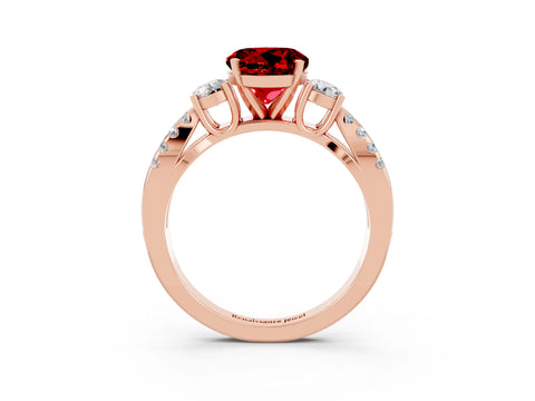 Rose gold Round Cut Ruby Three-Stone Ring with Pavé Split Shank and Four-Prong Setting_3