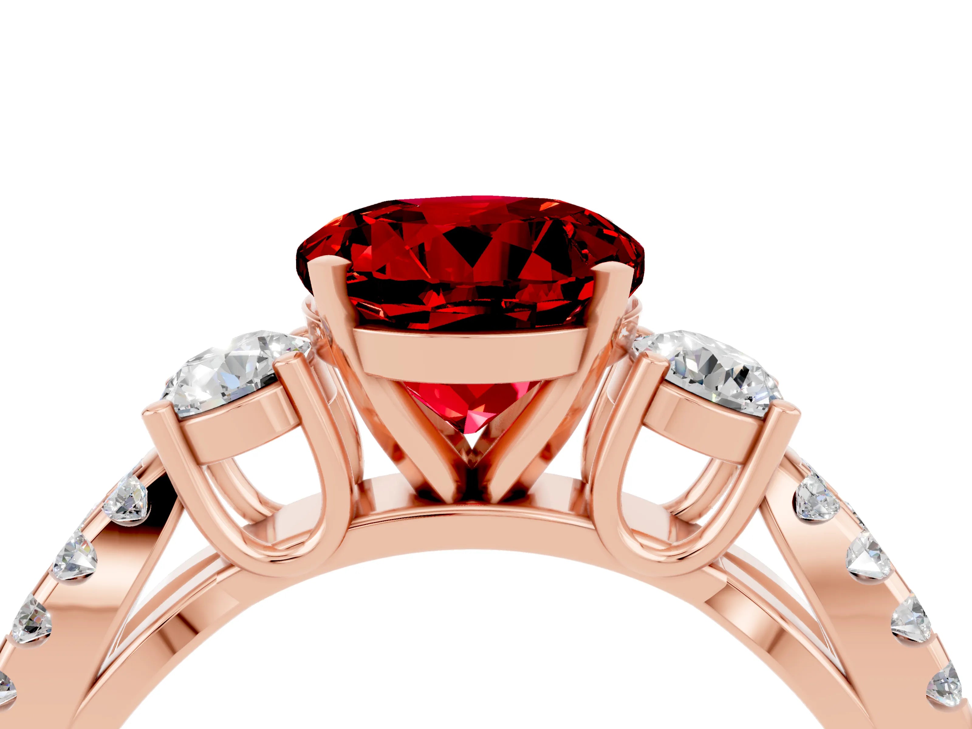 Rose gold Round Cut Ruby Three-Stone Ring with Pavé Split Shank and Four-Prong Setting_4