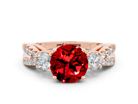 Rose gold Round Cut Ruby Three-Stone Ring with Pavé Split Shank and Four-Prong Setting