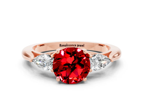 Rose gold Round Cut Ruby Three-Stone Ring with Pear Side Stones and Four-Prong Setting_12