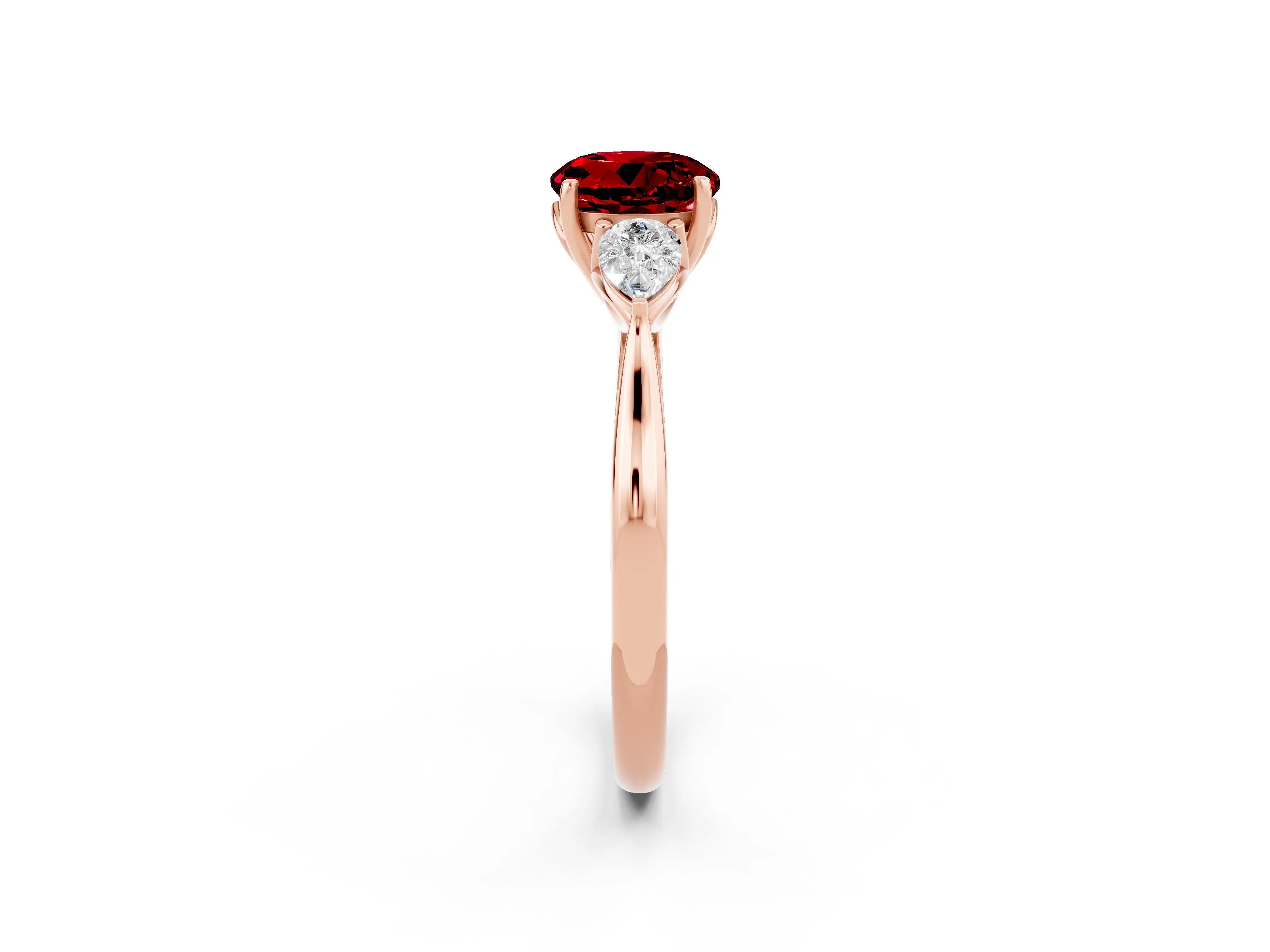 Rose gold Round Cut Ruby Three-Stone Ring with Pear Side Stones and Four-Prong Setting_14