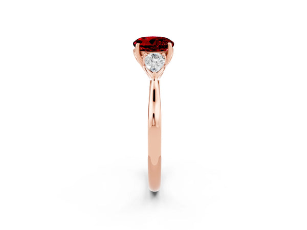 Rose gold Round Cut Ruby Three-Stone Ring with Pear  Side Stones and Prong Setting