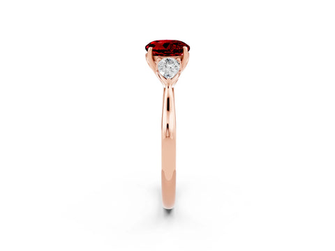 Rose gold Round Cut Ruby Three-Stone Ring with Pear Side Stones and Four-Prong Setting_14