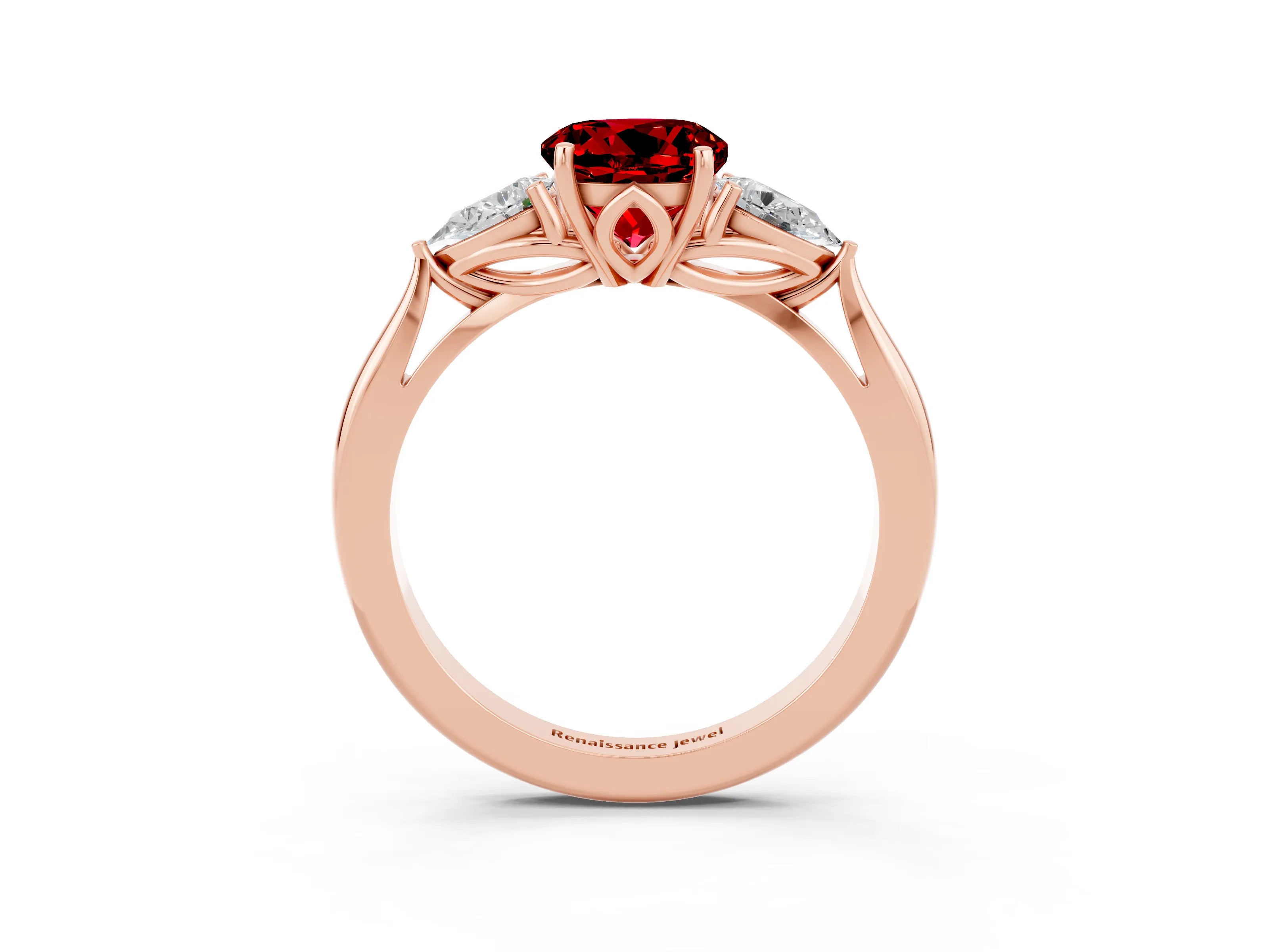 Rose gold Round Cut Ruby Three-Stone Ring with Pear Side Stones and Four-Prong Setting_15
