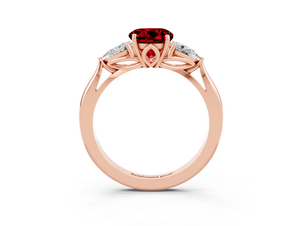 Rose gold Round Cut Ruby Three-Stone Ring with Pear  Side Stones and Prong Setting