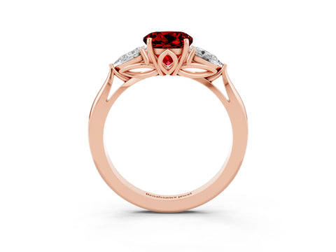 Rose gold Round Cut Ruby Three-Stone Ring with Pear Side Stones and Four-Prong Setting_15