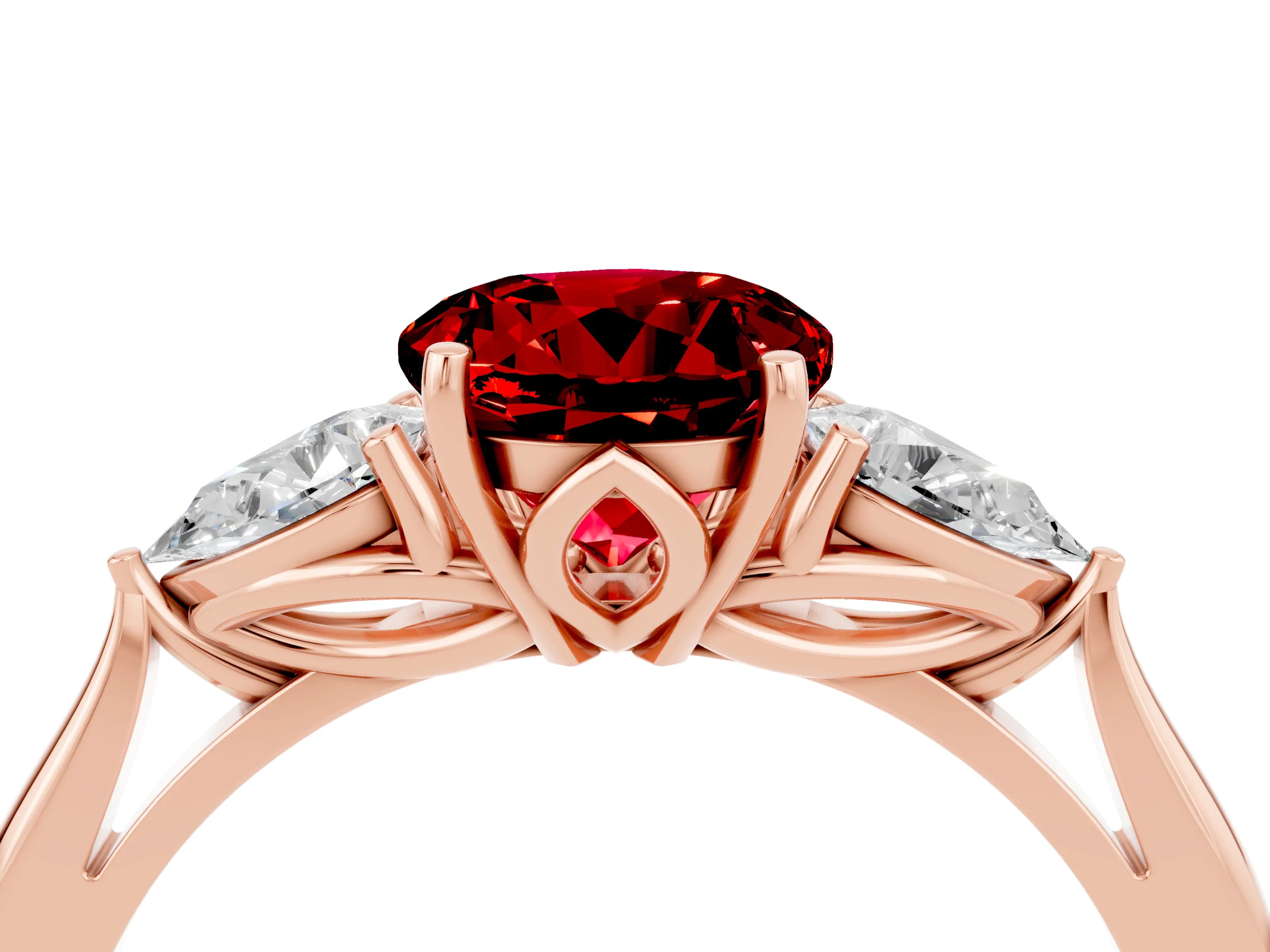 Rose gold Round Cut Ruby Three-Stone Ring with Pear Side Stones and Four-Prong Setting_16