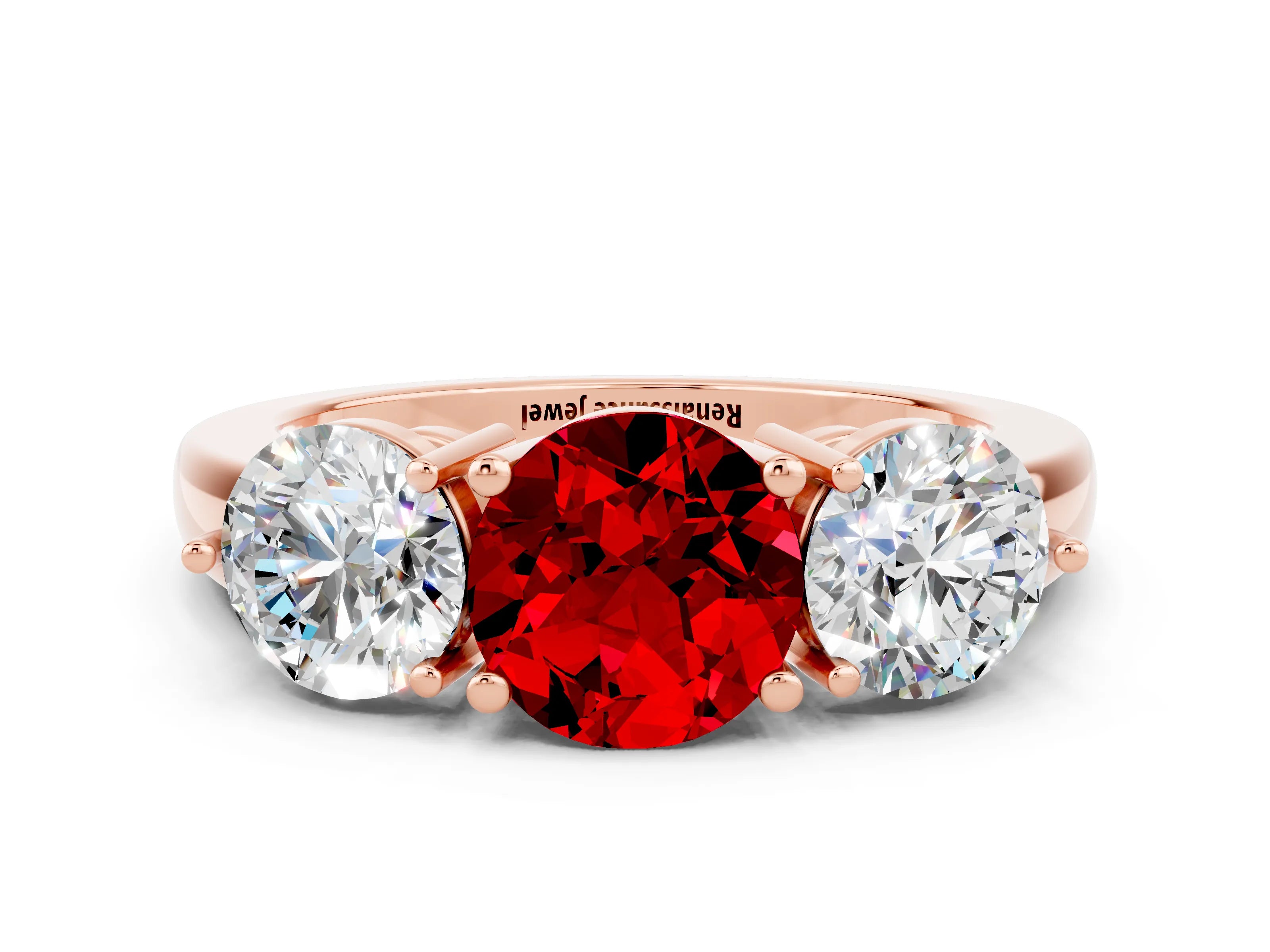 Rose gold Round Cut Ruby Three-Stone Ring with Prong Setting and Classic Band