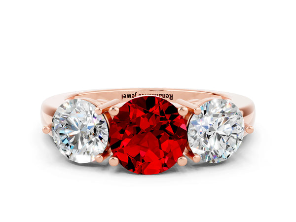 Rose gold Round Cut Ruby Three-Stone Ring with Prong Setting and Classic Band