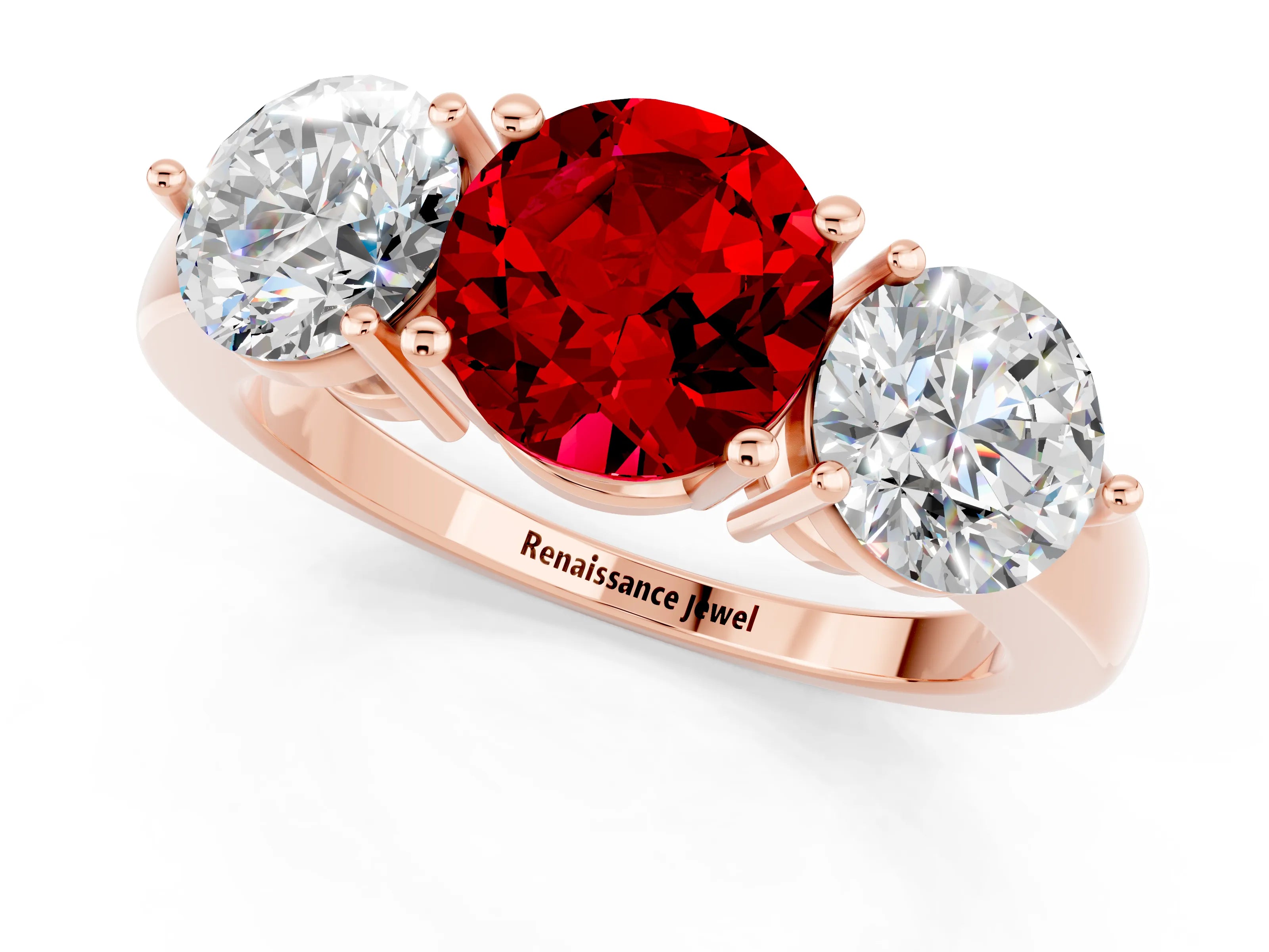 Rose gold Round Cut Ruby Three-Stone Ring with Prong Setting and Classic Band_1