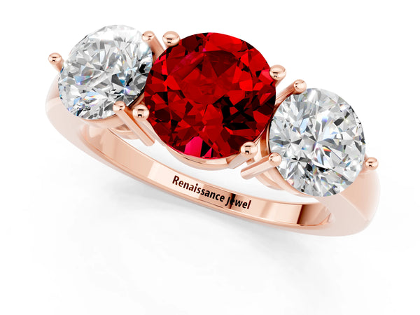 Rose gold Round Cut Ruby Three-Stone Ring with Prong Setting and Classic Band