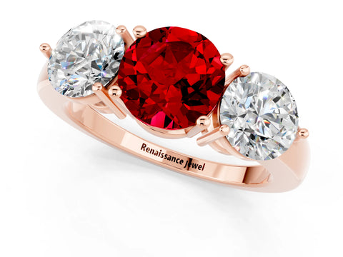 Rose gold Round Cut Ruby Three-Stone Ring with Prong Setting and Classic Band_1