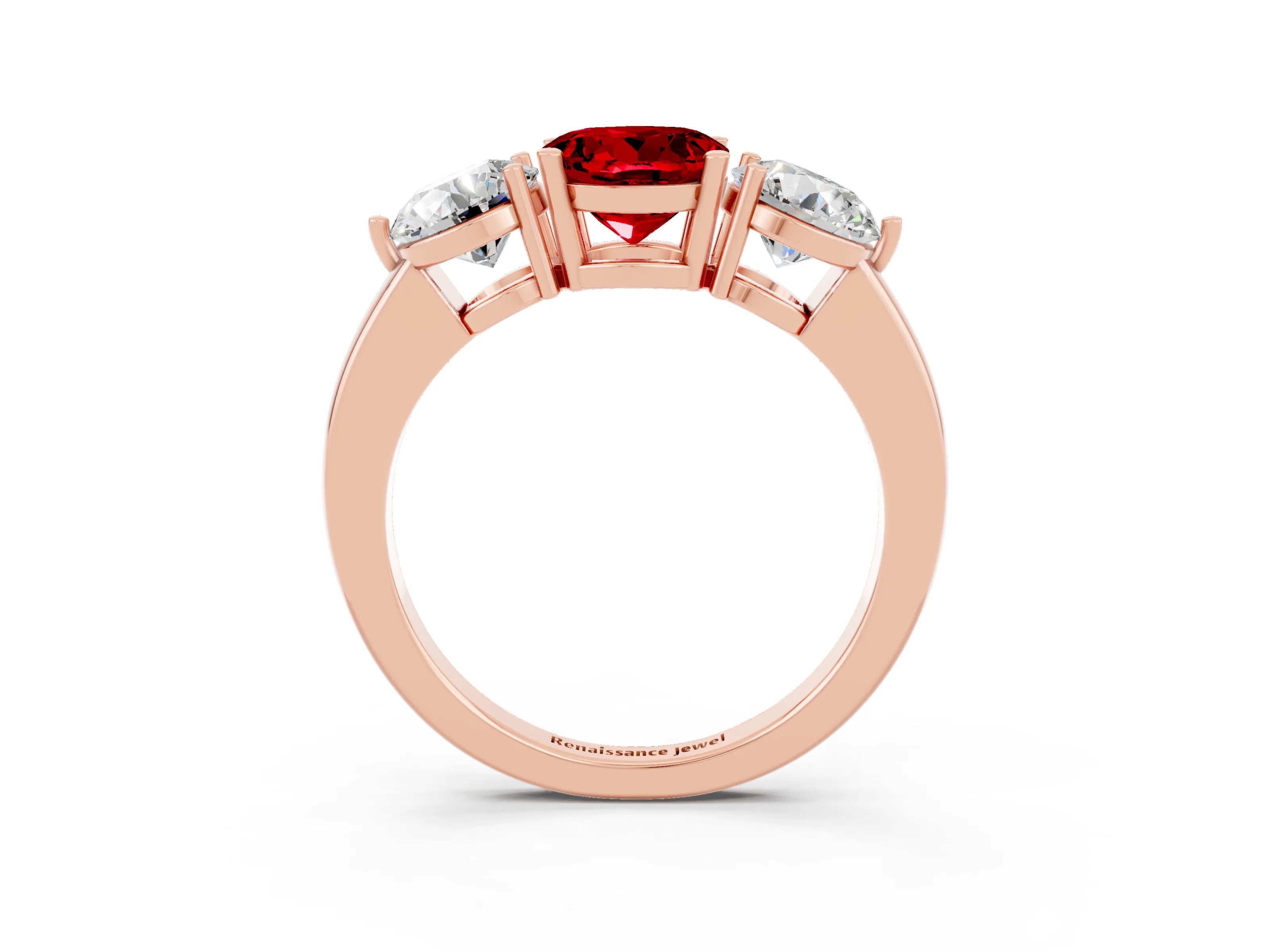 Rose gold Round Cut Ruby Three-Stone Ring with Prong Setting and Classic Band_3