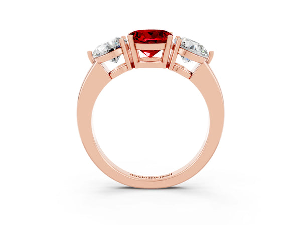 Rose gold Round Cut Ruby Three-Stone Ring with Prong Setting and Classic Band