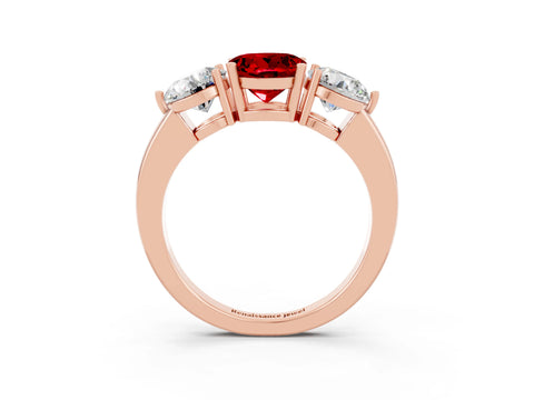 Rose gold Round Cut Ruby Three-Stone Ring with Prong Setting and Classic Band_3