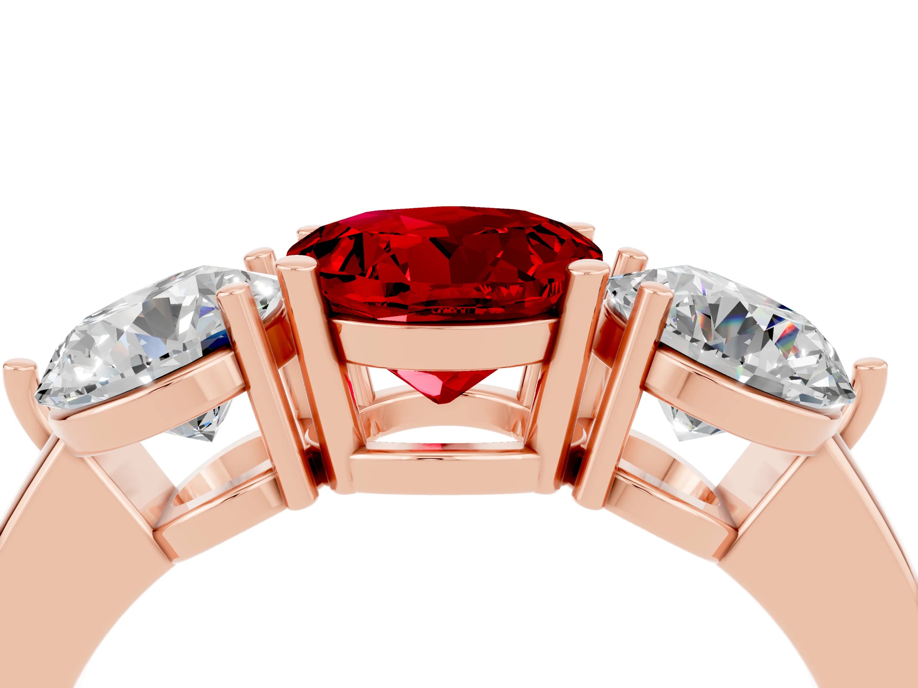 Rose gold Round Cut Ruby Three-Stone Ring with Prong Setting and Classic Band_4