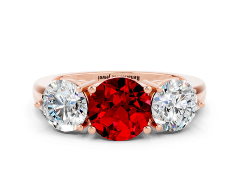 Rose gold Round Cut Ruby Three-Stone Ring with Prong Setting and Classic Band
