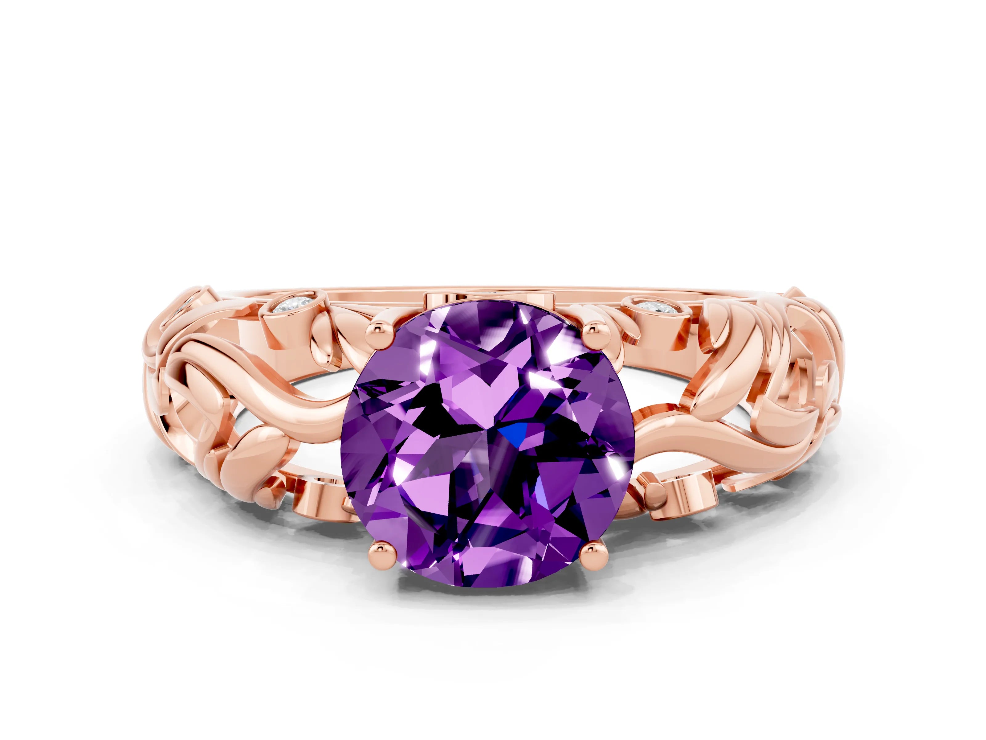 Rose gold Round Cut Solitaire Amethyst Leaf-Inspired Vine Band Ring with Prong Setting