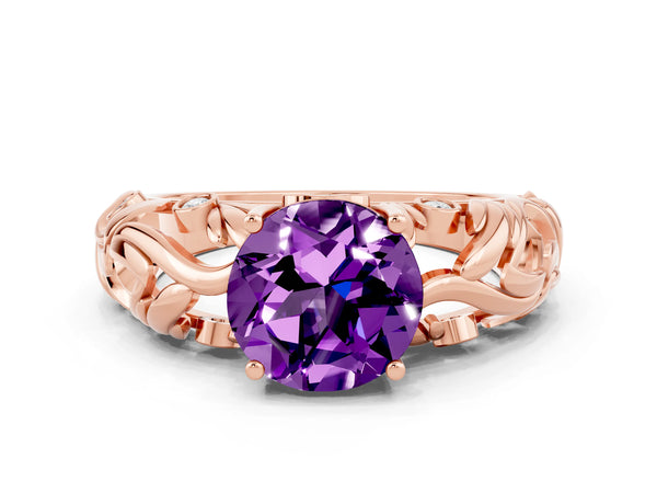 Rose gold Round Cut Solitaire Amethyst Leaf-Inspired Vine Band Ring with Prong Setting