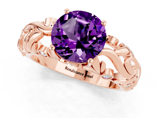 Rose gold Round Cut Solitaire Amethyst Leaf-Inspired Vine Band Ring with Prong Setting