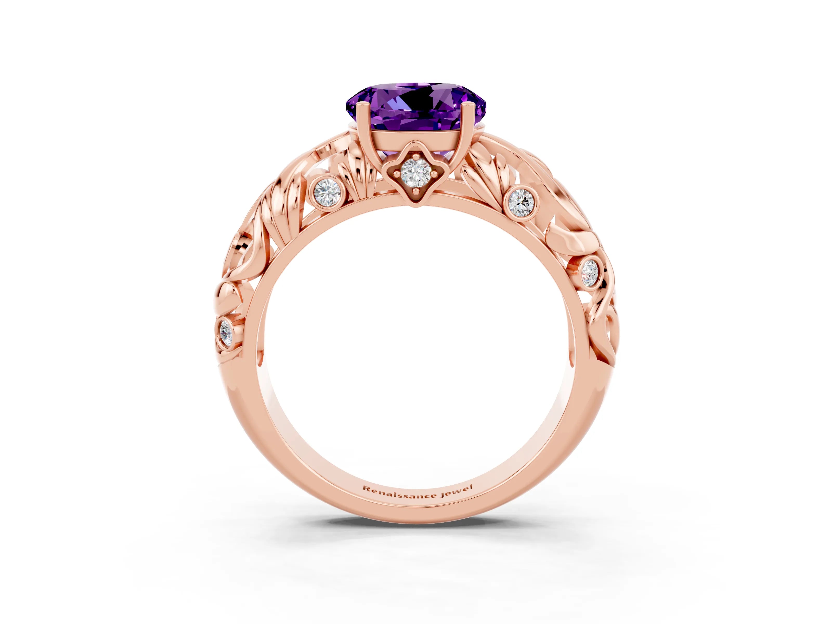 Rose gold Round Cut Solitaire Amethyst Leaf-Inspired Vine Band Ring with Prong Setting_3