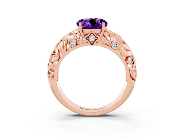 Rose gold Round Cut Solitaire Amethyst Leaf-Inspired Vine Band Ring with Prong Setting