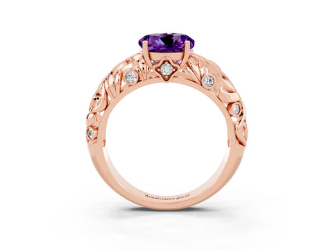 Rose gold Round Cut Solitaire Amethyst Leaf-Inspired Vine Band Ring with Prong Setting_3